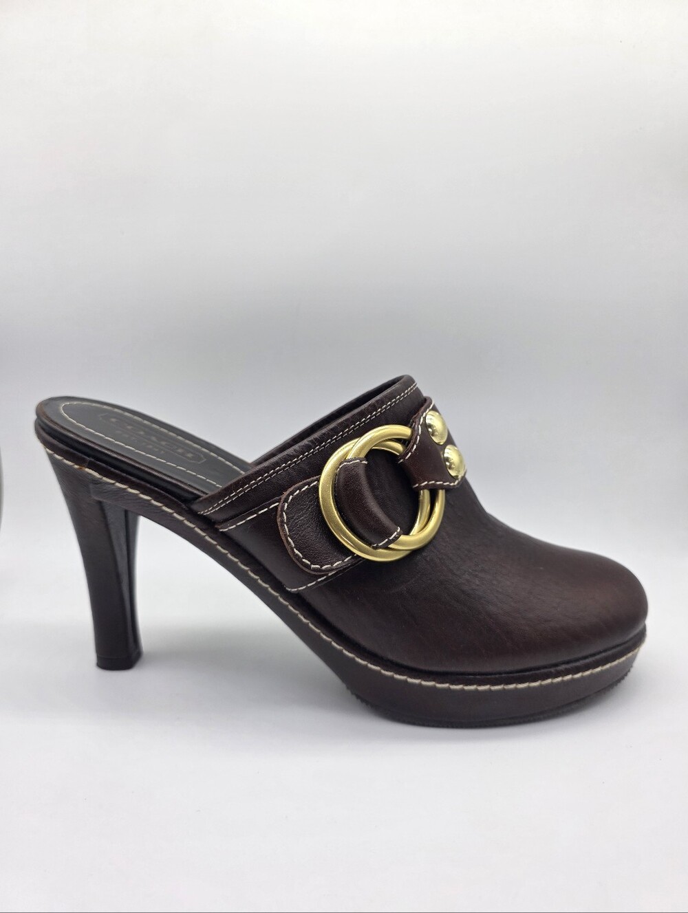 Vintage Y2K Coach Claude Chestnut Brown Leather Mule Platform Clog Heels Size 10 - Picture 3 of 16